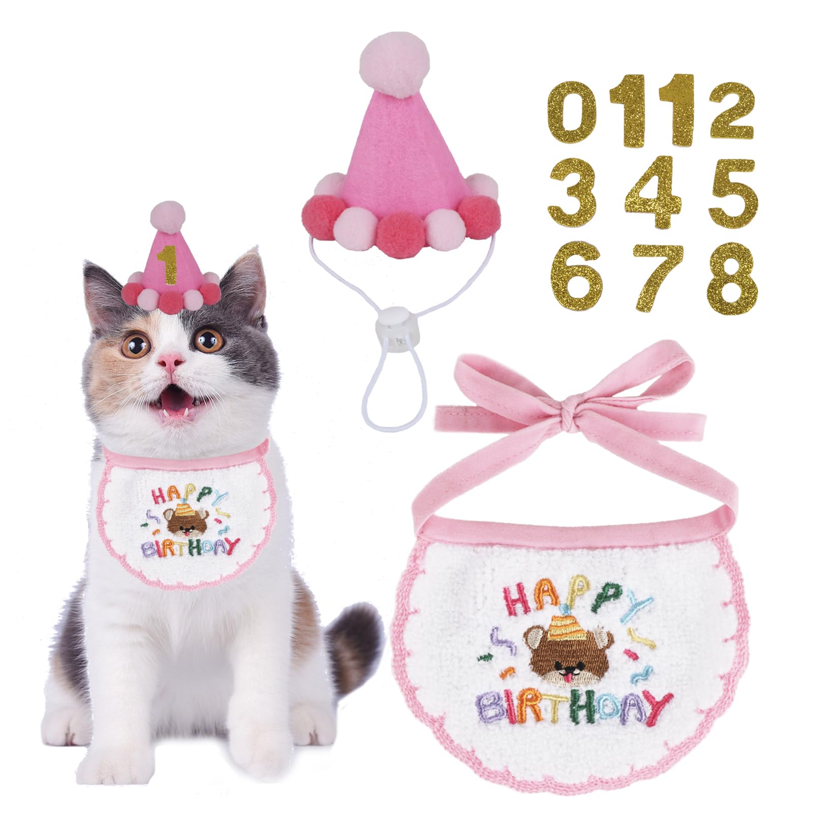 PTDECOR chapeau d'anniversaire pour chat rose avec chiffres, idéal pour les photos
