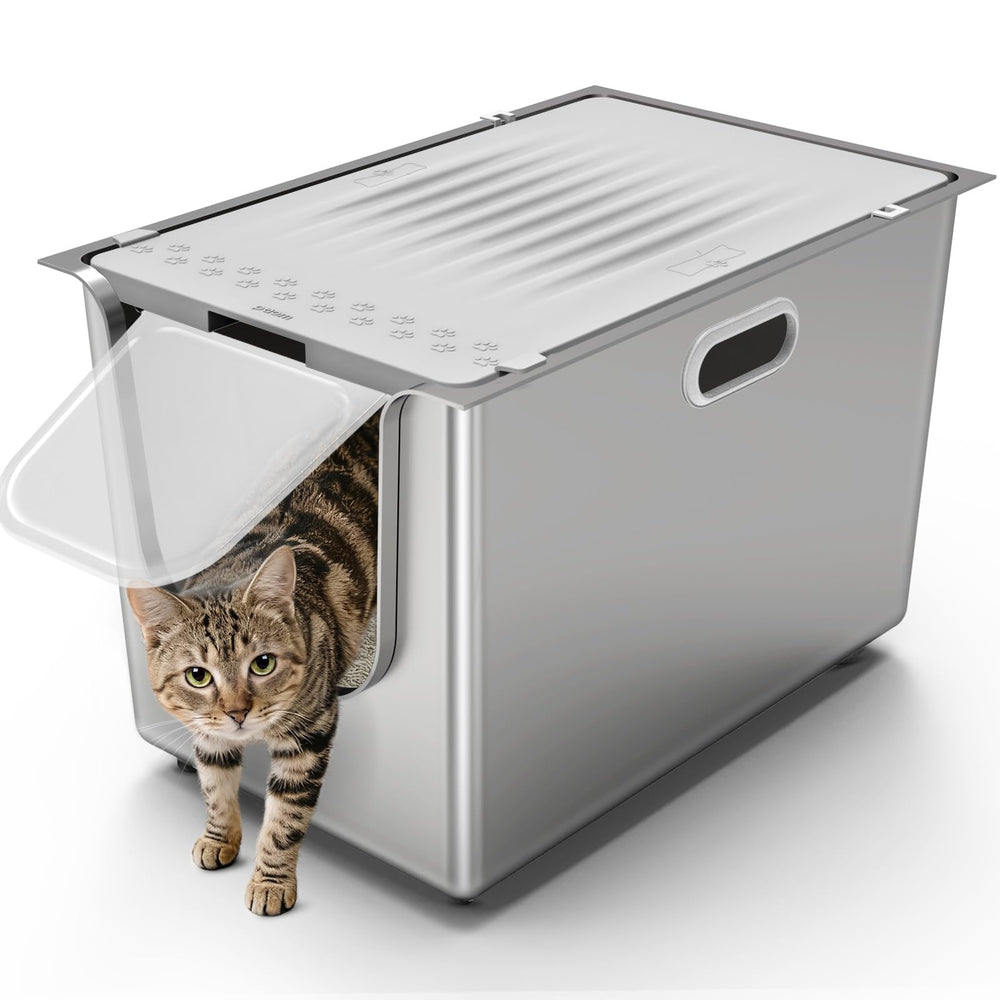 PTFFF bac litière acier inox avec couvercle, espace propre et pratique pour le chat.