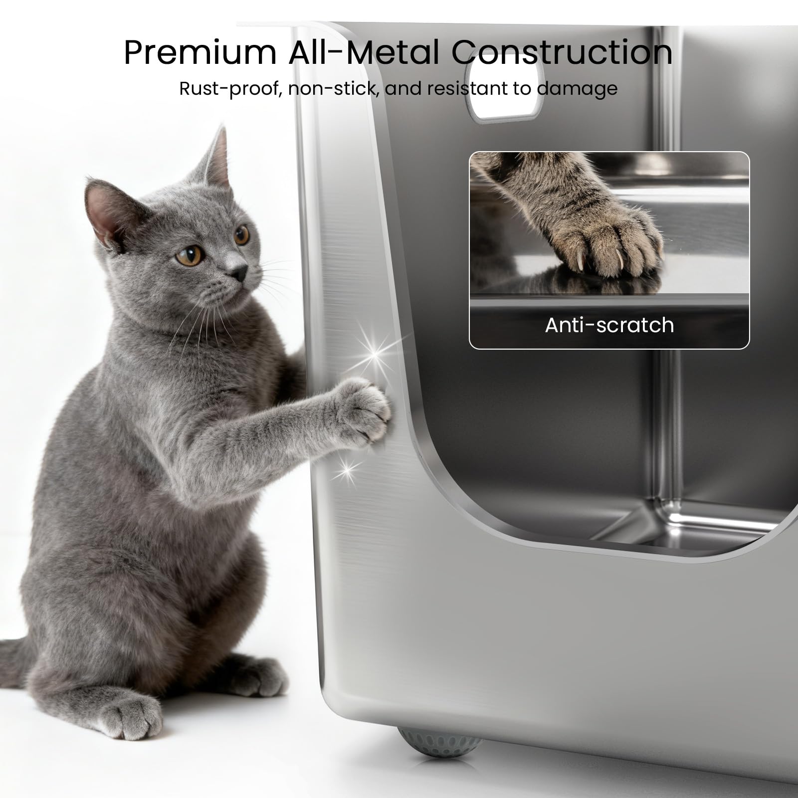 PTFFF litiere-acier-inox-entrée-incline-faible: accessibilité optimale pour chatons et chats âgés