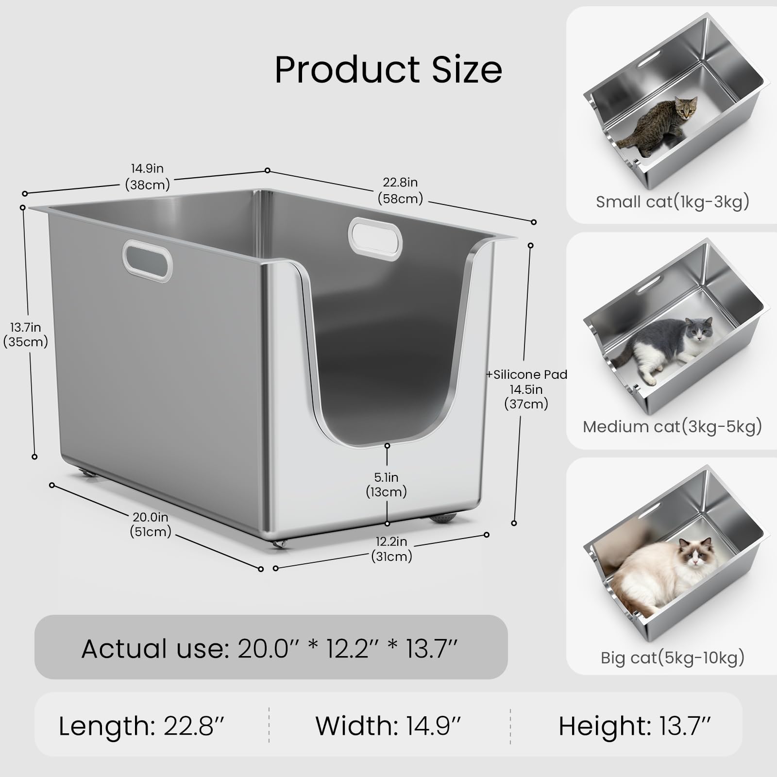 PTFFF litiere-acier-inox-xl-20x12x13-7: espace généreux pour plusieurs chats