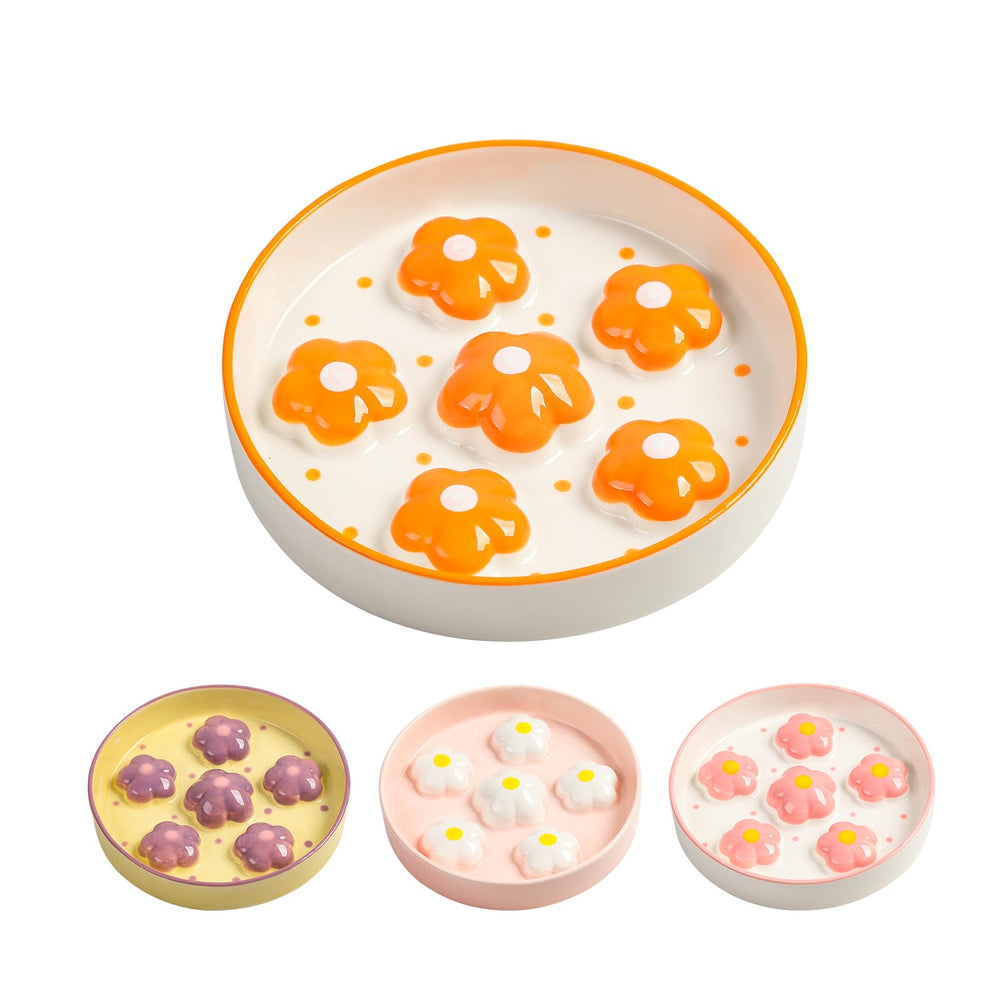 Bol chat en céramique PTOBER lent avec fleurs orange, pour une alimentation maîtrisée et agréable.