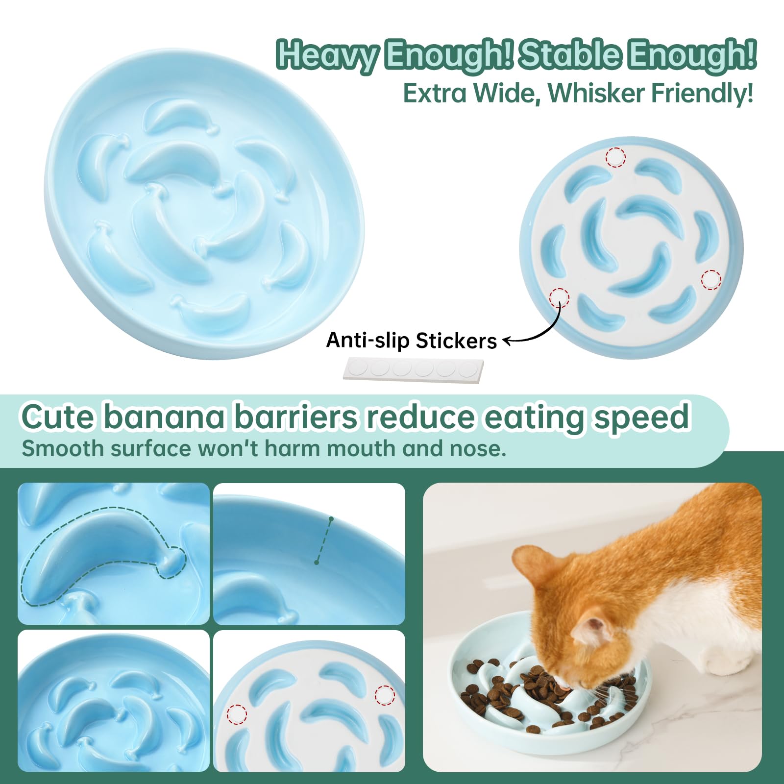 Bol lent PTOBER anti-glisse blanc et bleu pour chat, stabilité assurée.