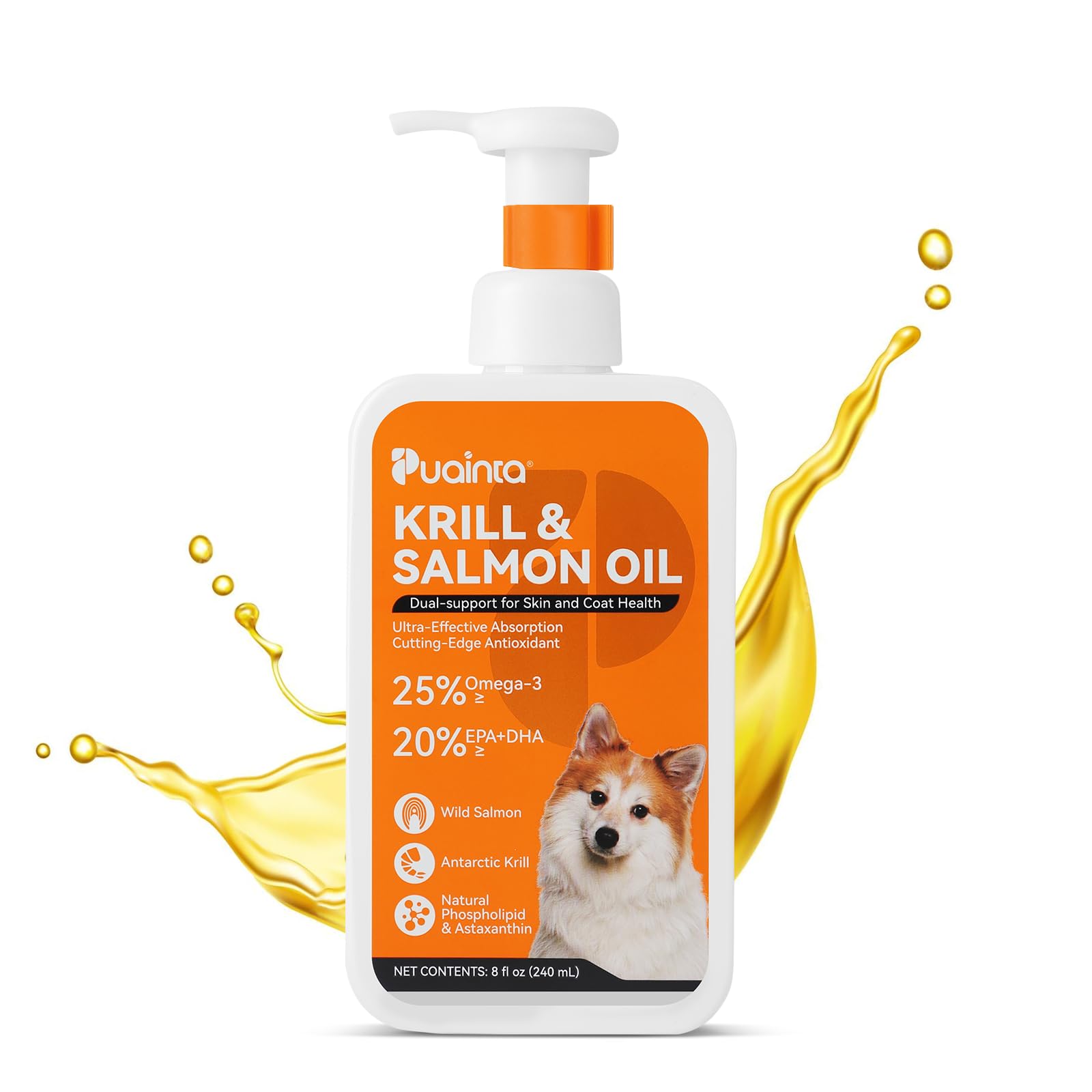 PUAINTA flacon pompe huile krill-saumon pour chiens et chats, dosage précis.