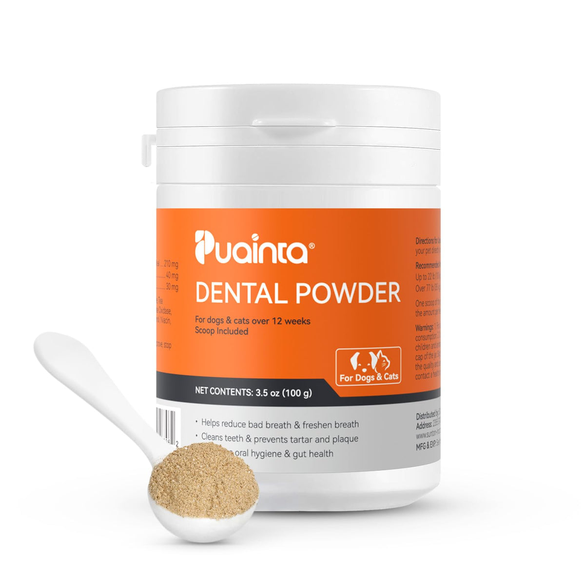 PUAINTA Poudre dents chien - bouteille idéale pour l'usage quotidien et fraîcheur.