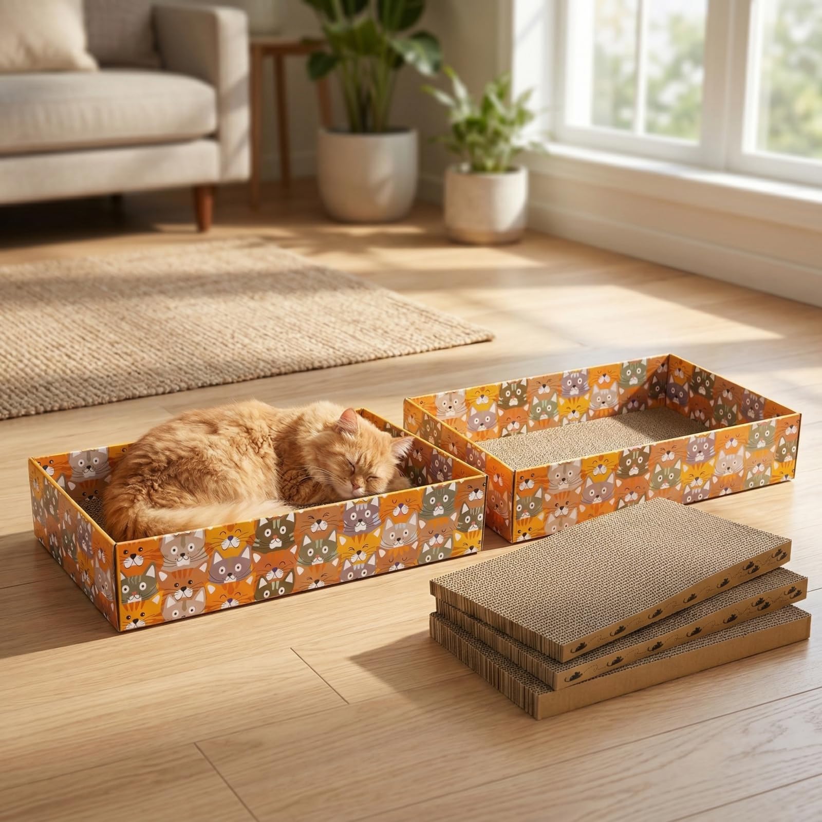 Pumtus boite-grattoir-chat-ensemble-5 : tapis remplaçables pour des sessions de jeu prolongées.