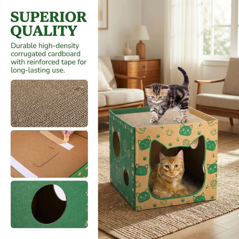 Pumtus quatre fenêtres – maison chat carton, vue et jeux stimulants.