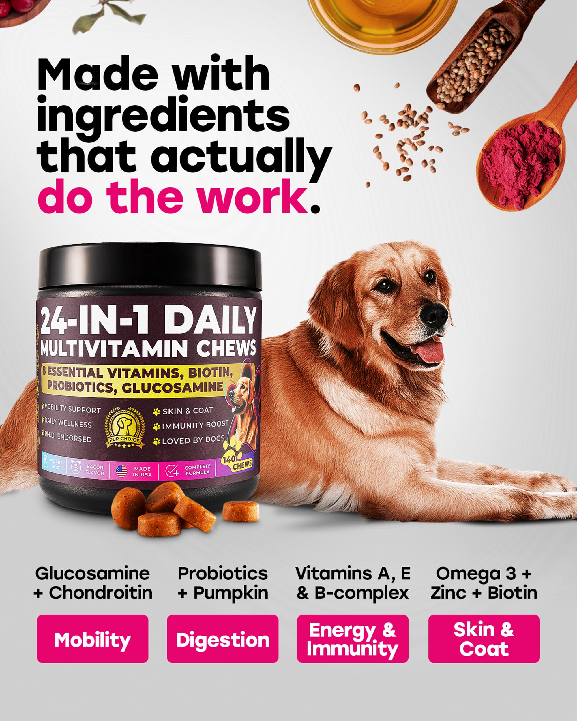 Pup Choice 24-en-1 glucosamine pour articulations et mobilité.