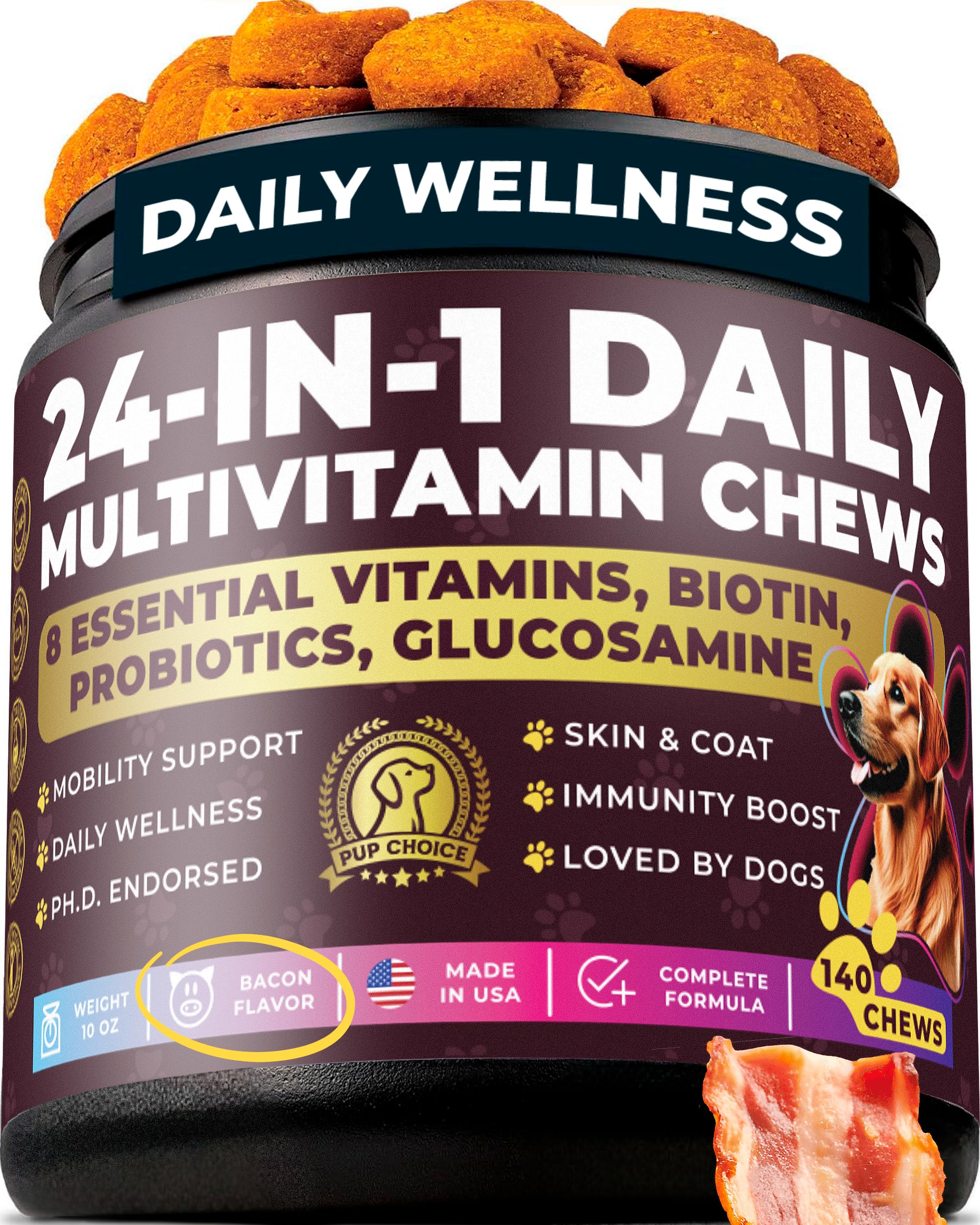 Pup Choice 24-en-1 friandises bacon pour chien, goût appétissant et soutien quotidien.