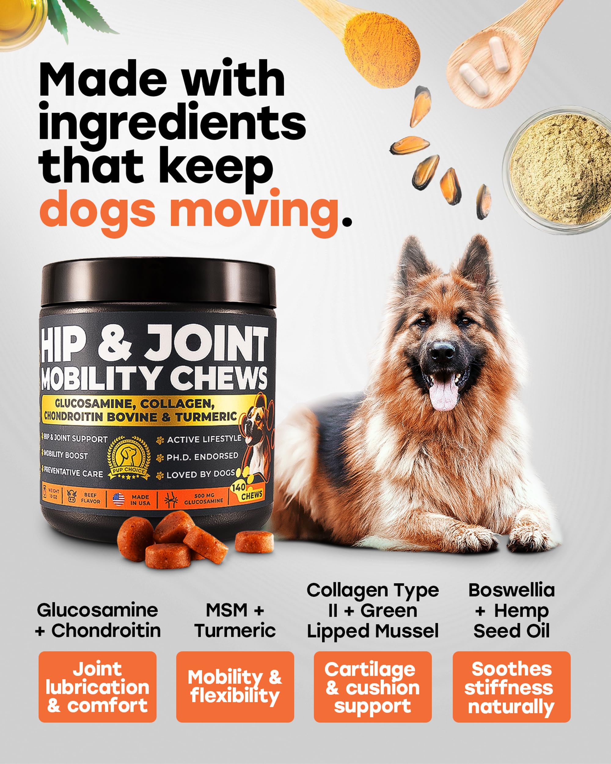 Utilisation quotidienne Pup Choice Glucosamine 500mg — mobilité et confort potentiel.