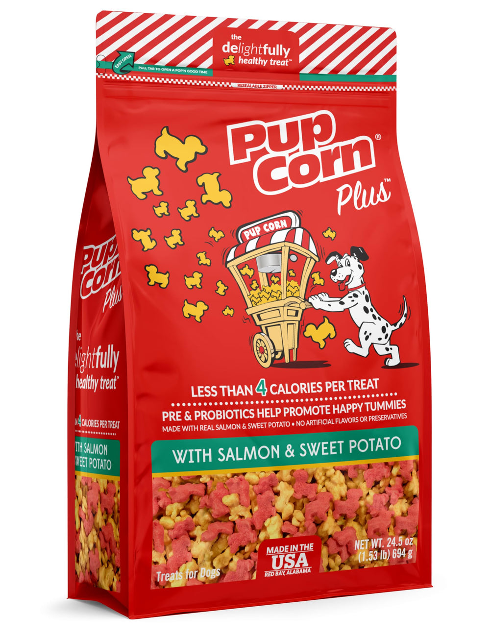 Pup Corn Plus croquant au saumon et patate douce pour récompenser.