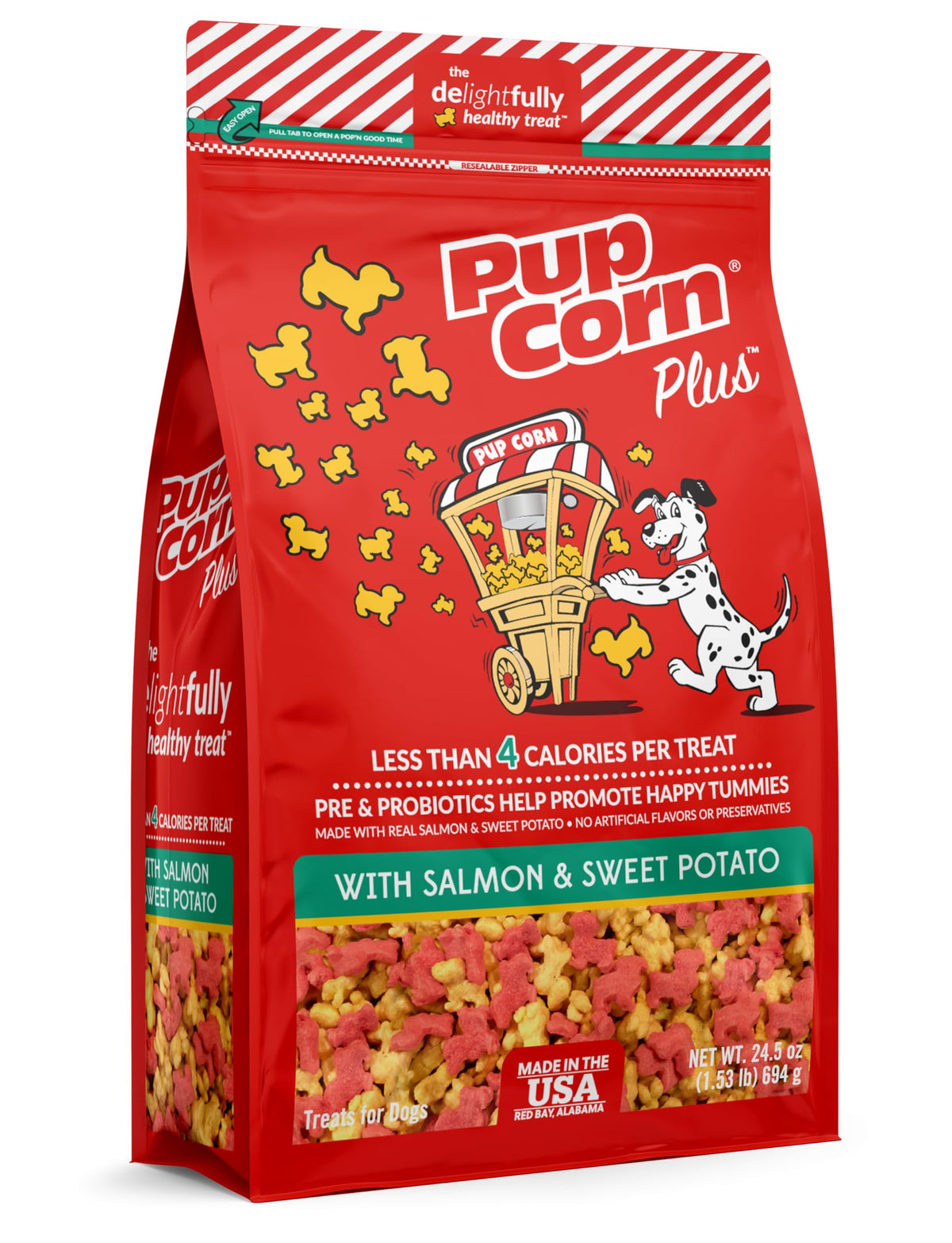 Pup Corn Plus croquant au saumon et patate douce pour récompenser.