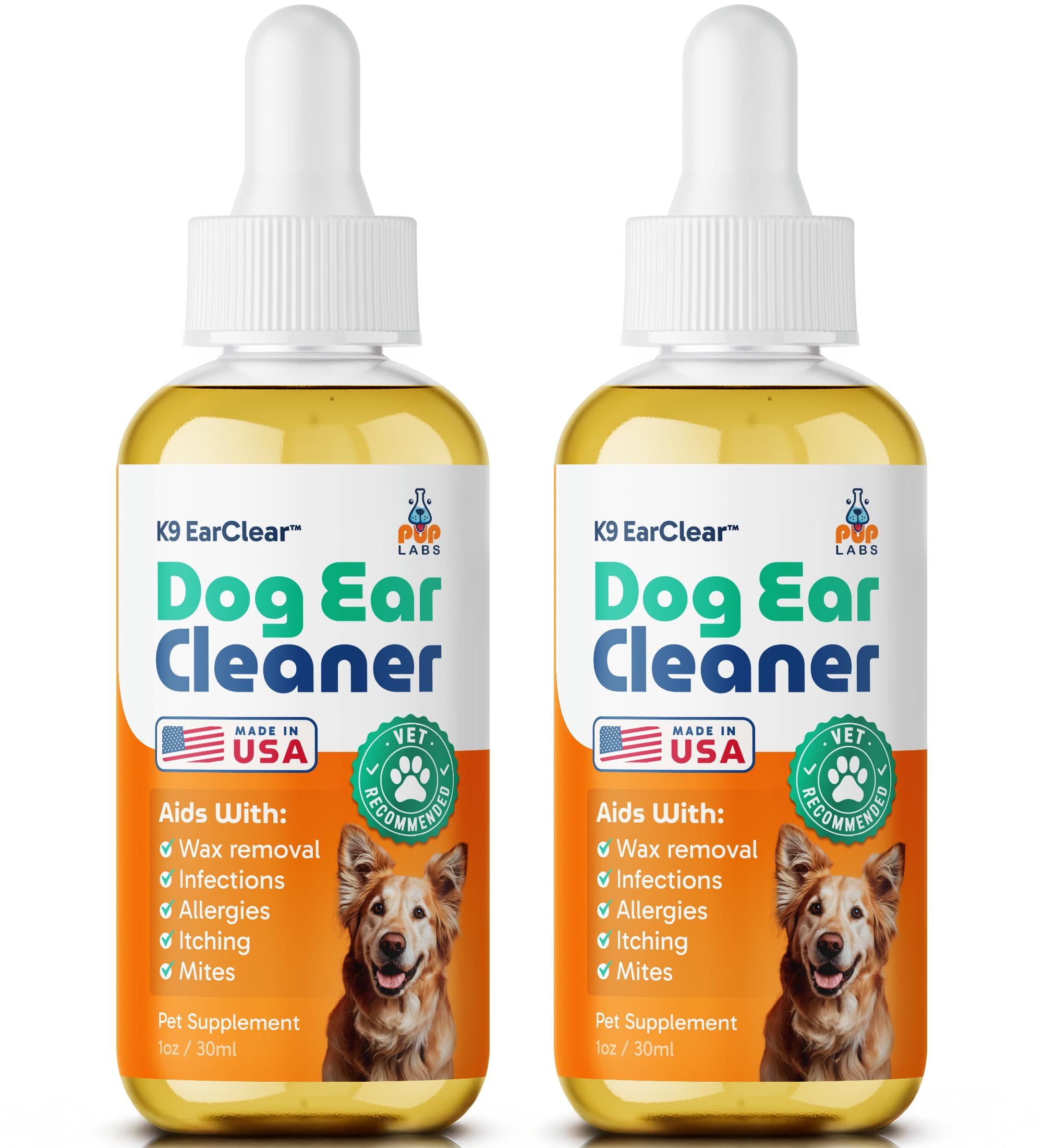Pup Labs Ear Clear, bouteille nettoyage oreilles pour chien, élimine cire et odeurs.