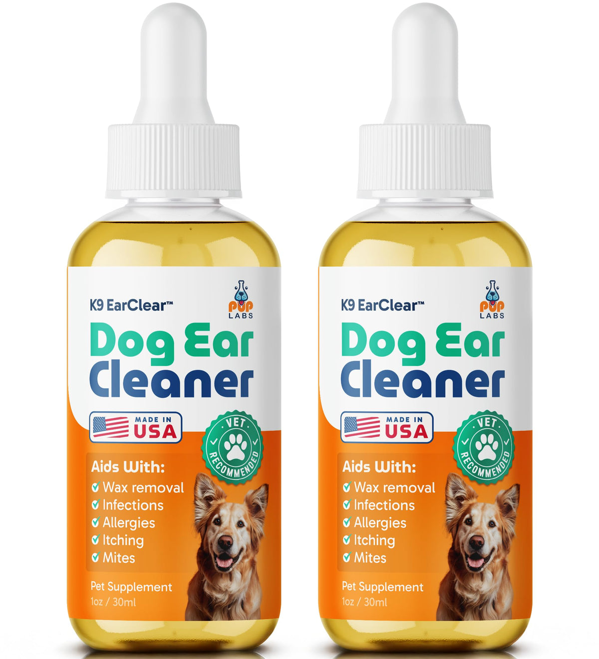 Pup Labs Ear Clear, bouteille nettoyage oreilles pour chien, élimine cire et odeurs.