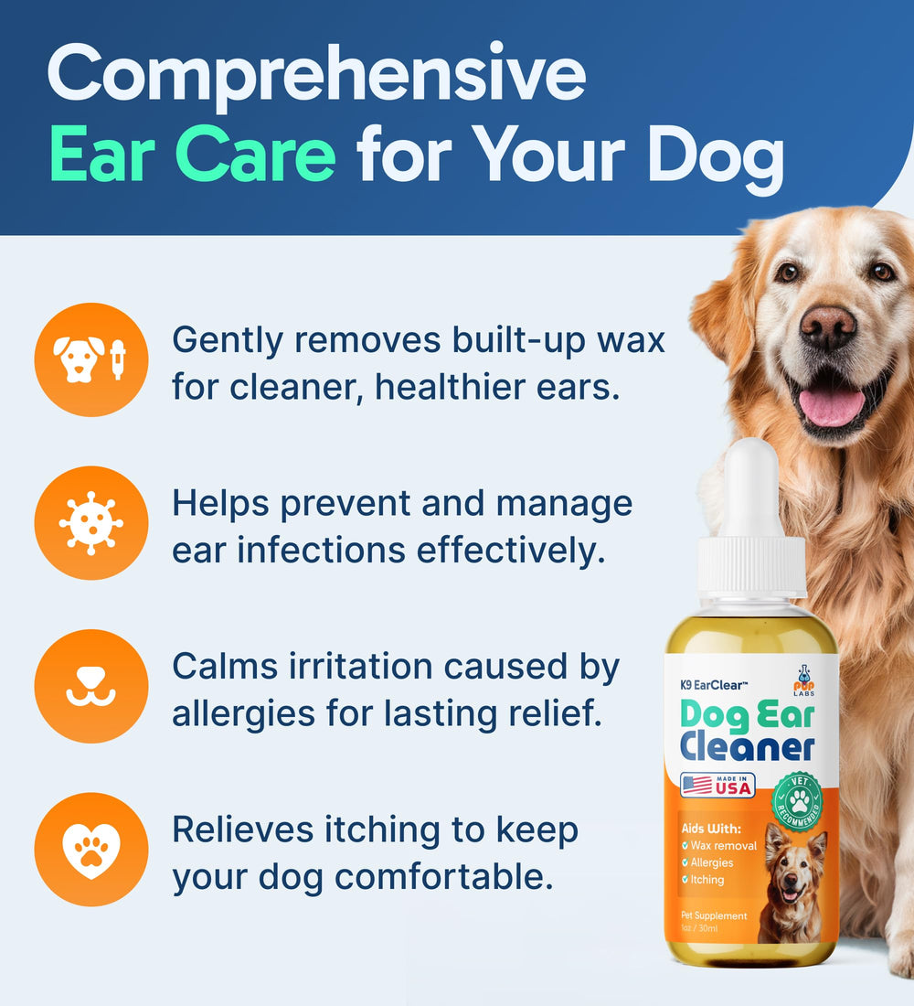 Gouttes Pup Labs Ear Clear, flacon pour soulager démangeaisons et irritation locale.