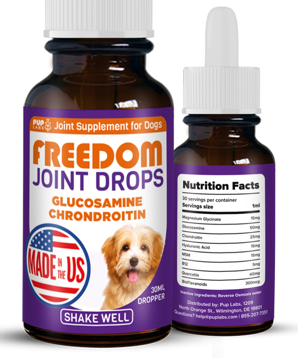 Pup Labs Freedom Joint Drops : bouteille compte-gouttes, soutien articulaire pour chiens actifs.