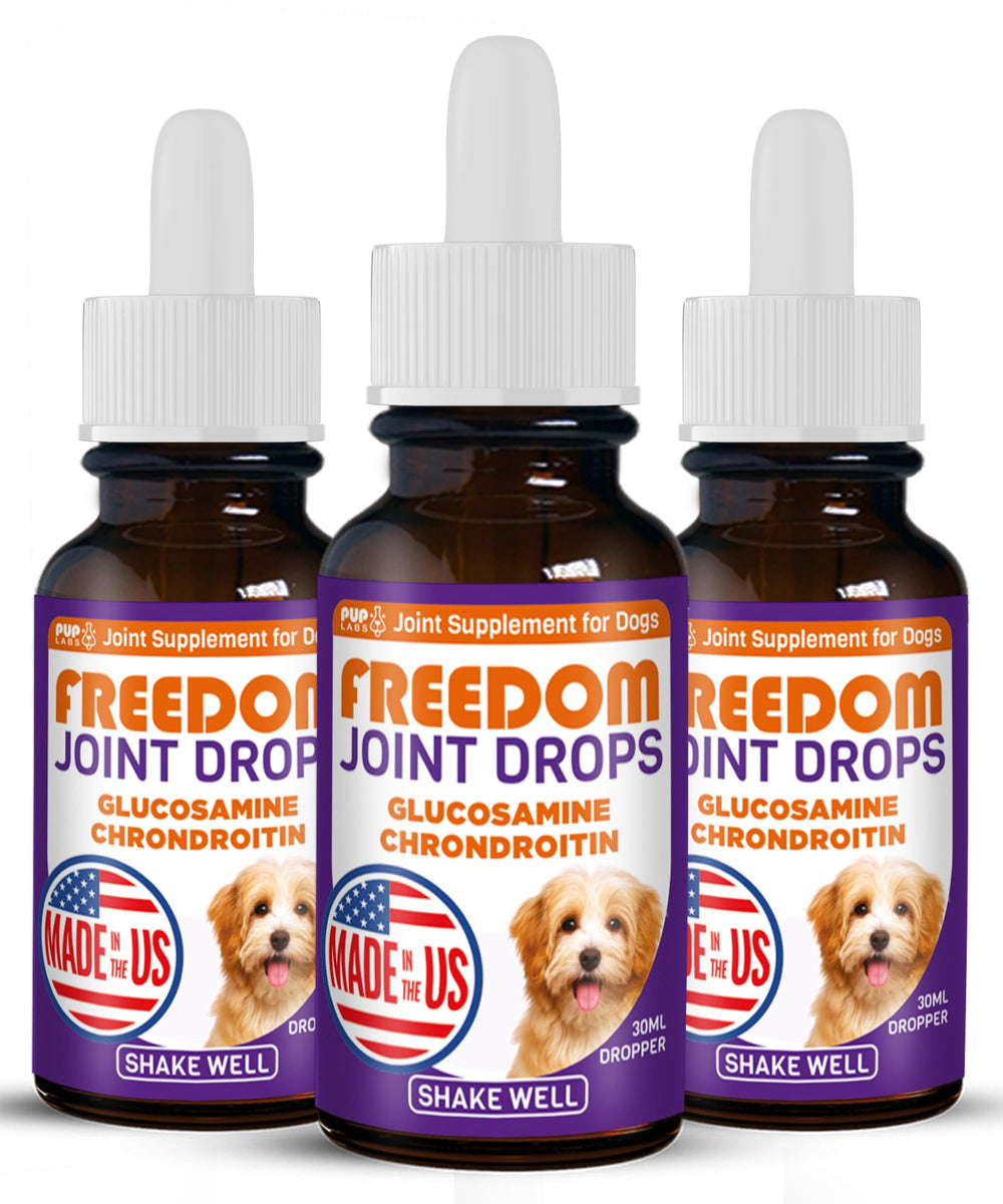 Pup Labs Freedom Joint Drops — bouteille prête, soutien potentiel des articulations pour chien actif.