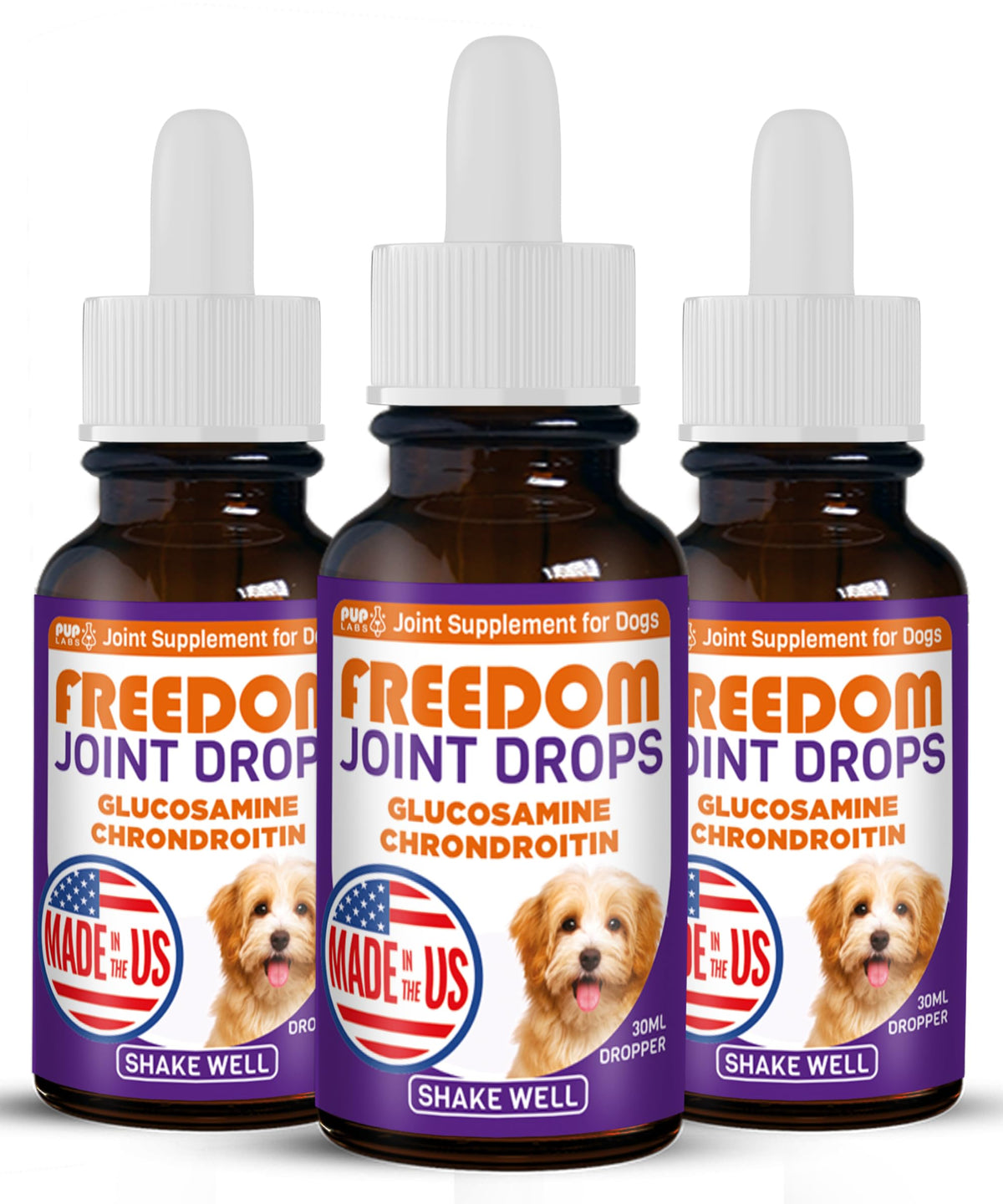Pup Labs Freedom Joint Drops — bouteille prête, soutien potentiel des articulations pour chien actif.