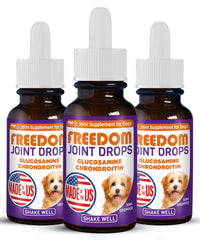 Pup Labs Freedom Joint Drops — bouteille prête, soutien potentiel des articulations pour chien actif.