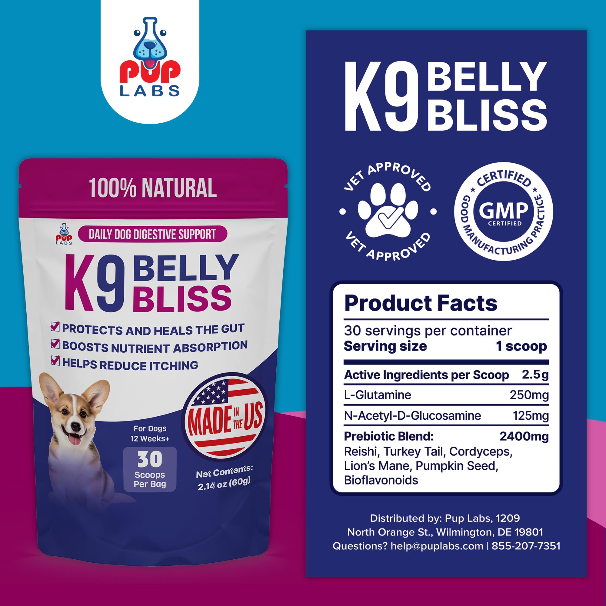 Pup Labs K9 Belly Bliss: emballage pratique et dosage clair