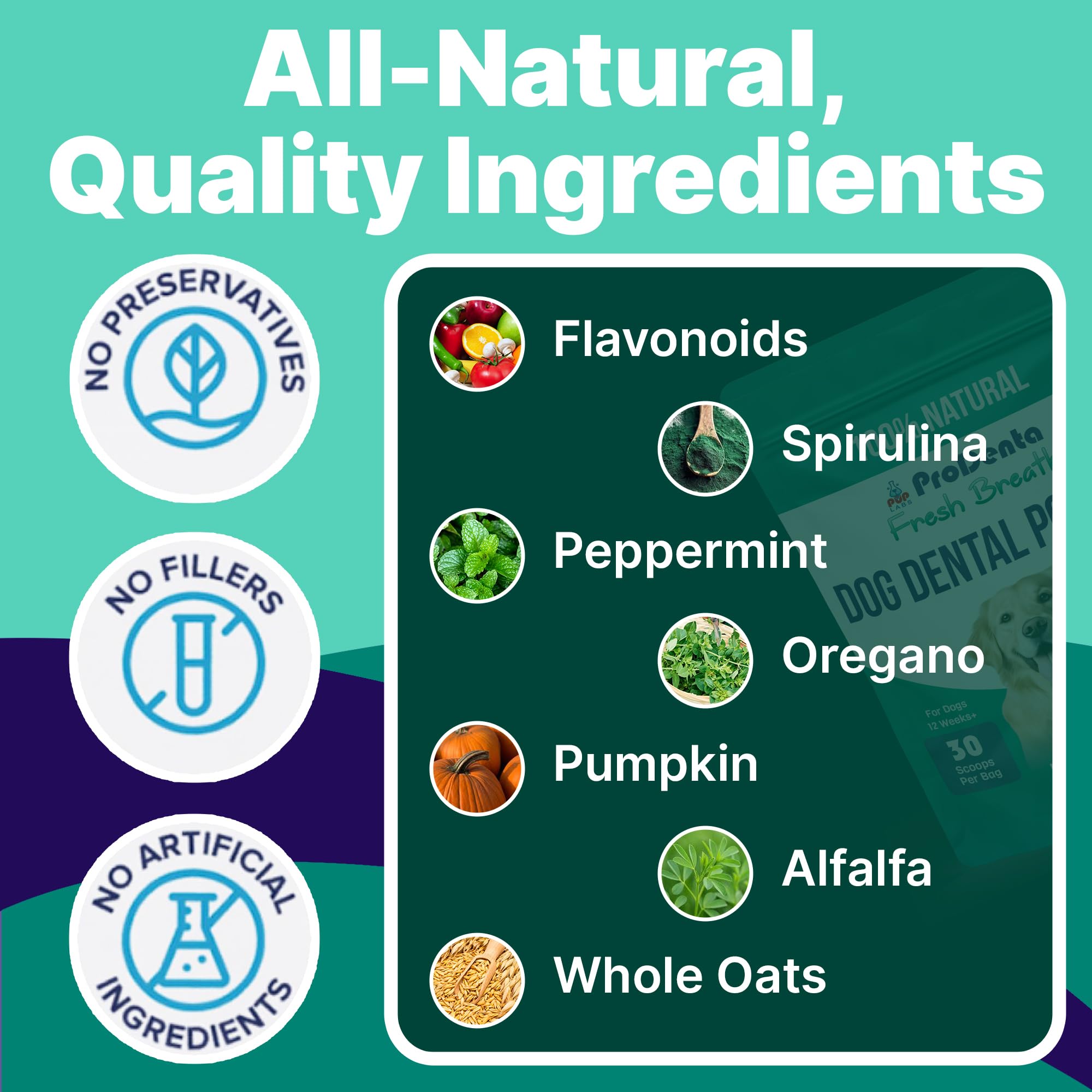 Pup Labs ProDenta — ingrédients spiruline et menthe : saveur naturelle et haleine plus fraîche.