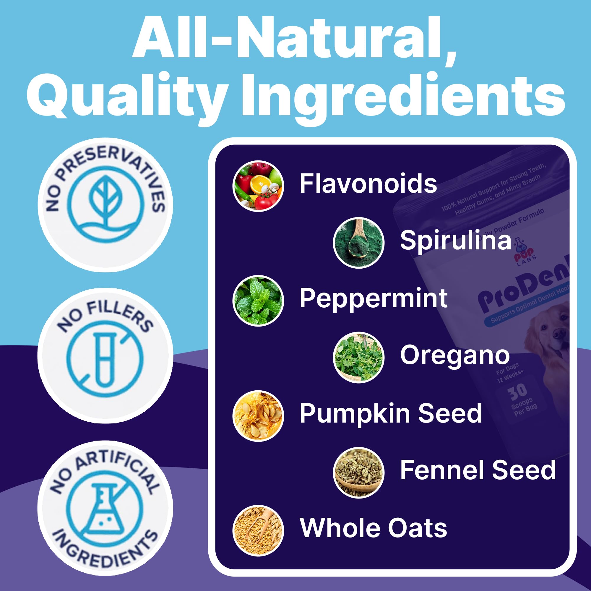 Pup Labs ProDenta: ingrédients naturels (spiruline, menthe, origan) pour une routine dentaire.