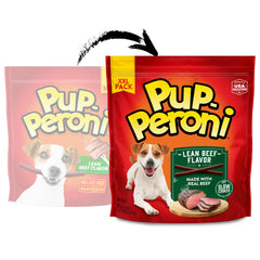Chien heureux mangeant Pup-Peroni, friandise tendre et facile à mâcher.