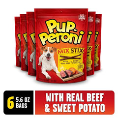 Gros plan sur le boeuf réel dans Pup-Peroni Mix Stix, ingrédient clé.