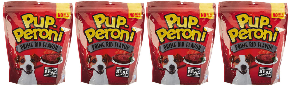 Pup-Peroni Prime Rib emballage pratique pour quatre sacs faciles e0 transporter.