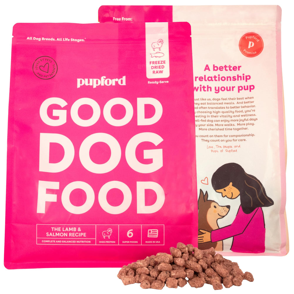 Pupford Good Dog Food, lamb-saumon-seche, prêt à servir pour chiens énergiques.