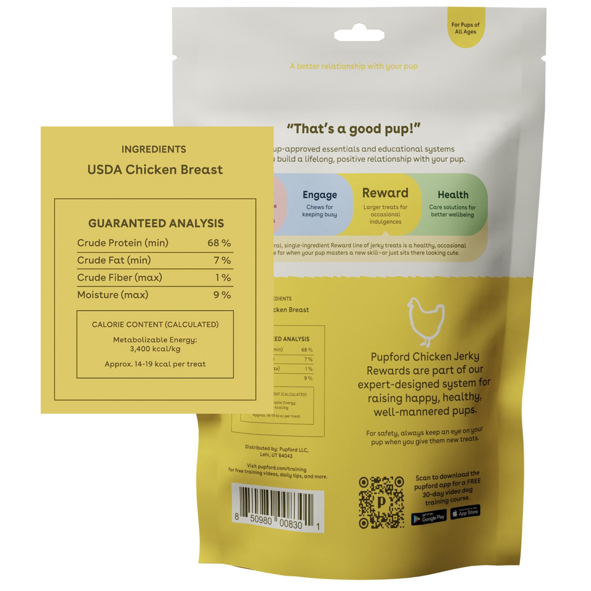 Ingrédients uniques Pupford jerky poulet, sans additifs inutiles.