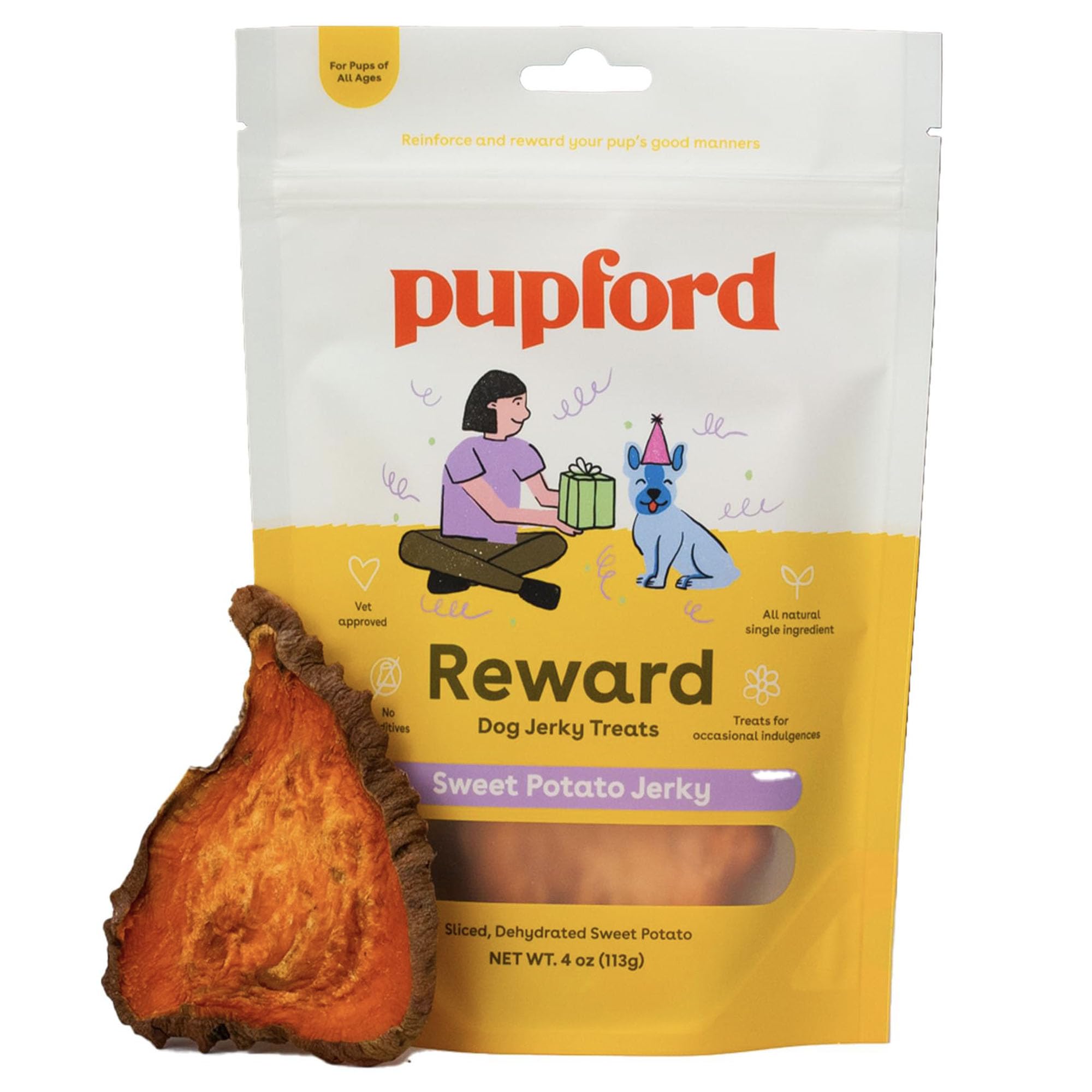 Friandise Pupford jerky croquant patate douce 4oz, récompense savoureuse pour entraînement.