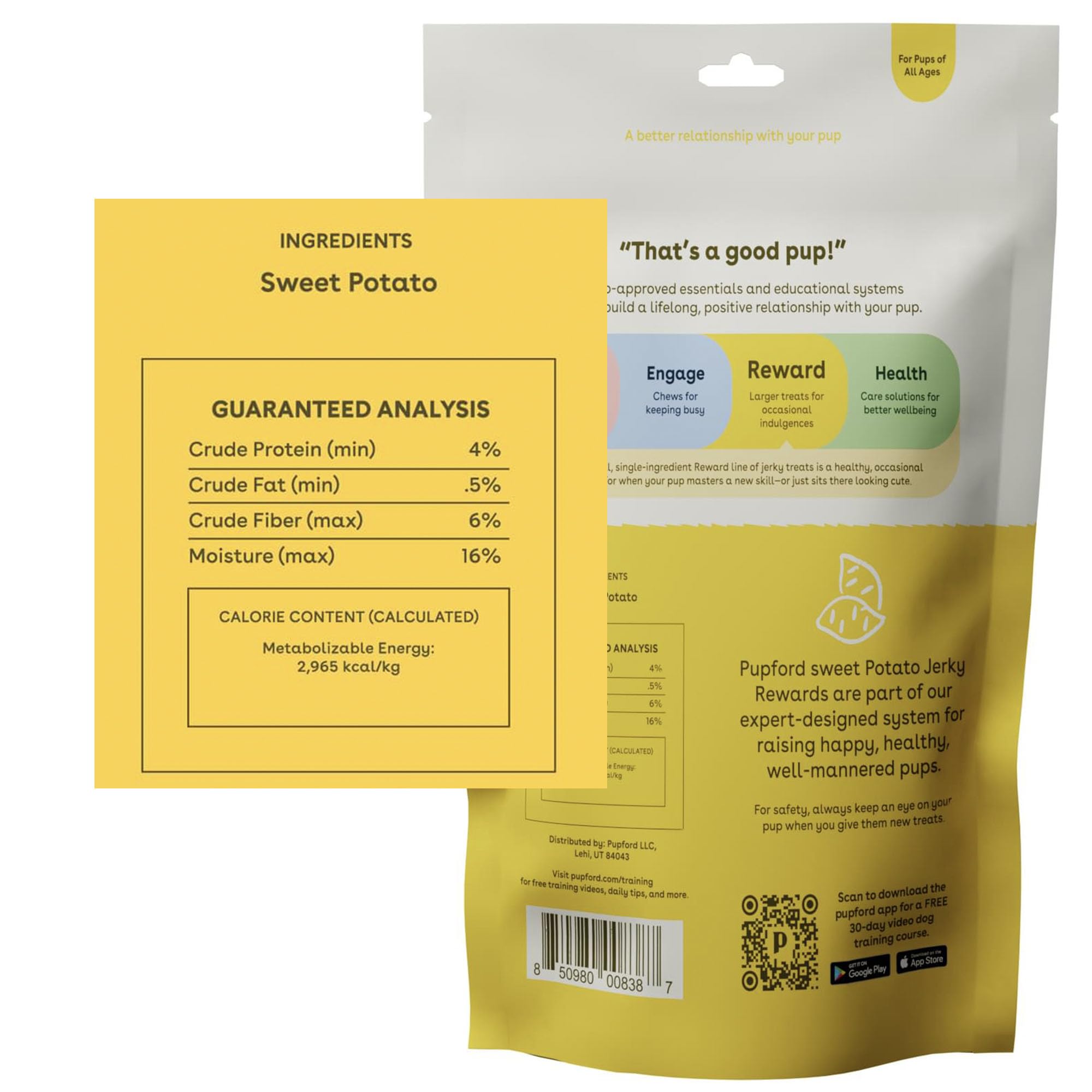 Friandise Pupford patate douce sans additifs, collation naturelle pour chien.