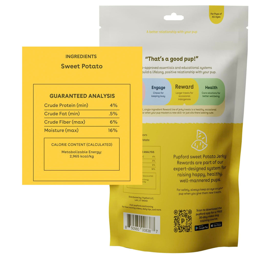 Friandise Pupford patate douce sans additifs, collation naturelle pour chien.
