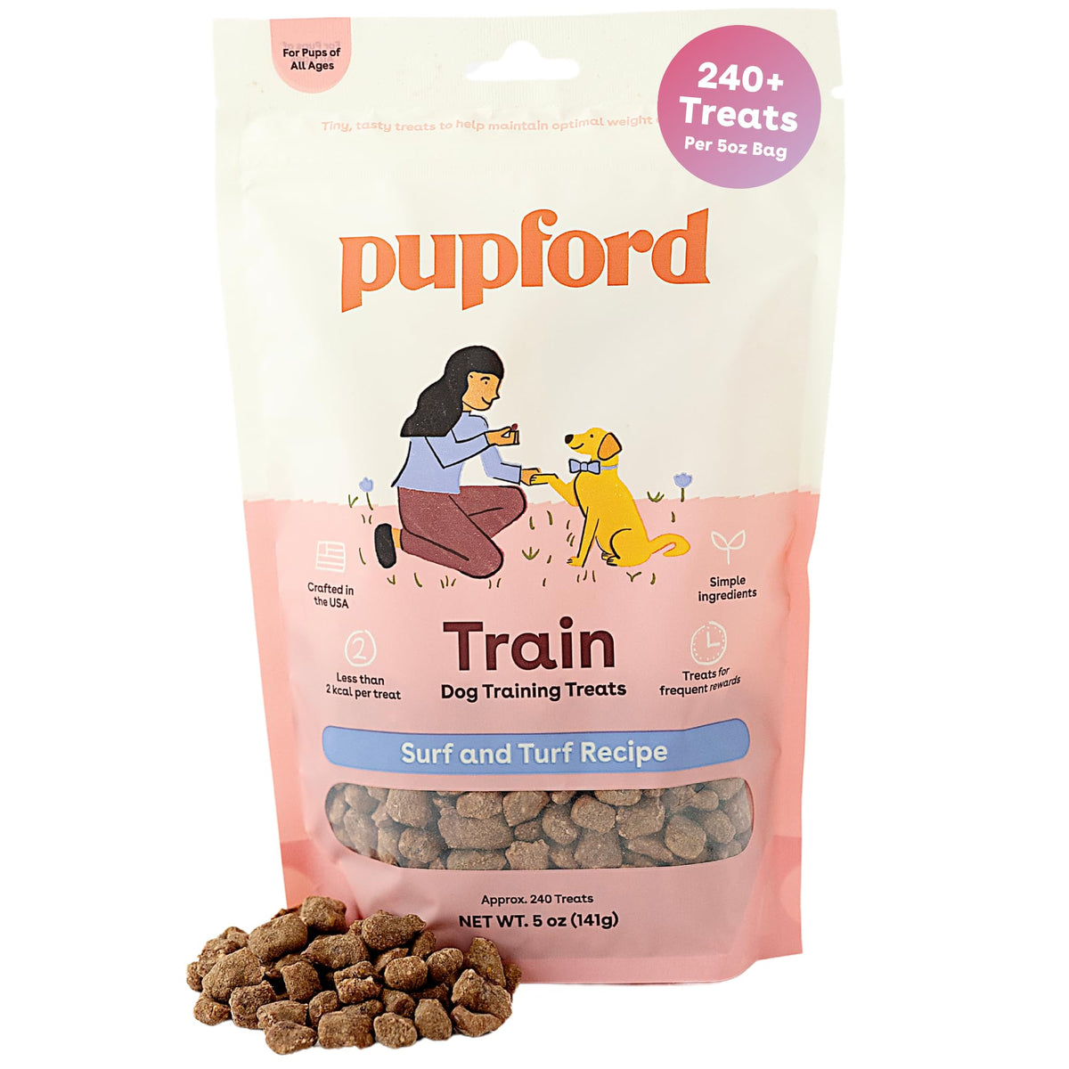 Bouchées Pupford Surf et Turf lyophilisées en sachet 5 oz, prêt à l'entraînement.