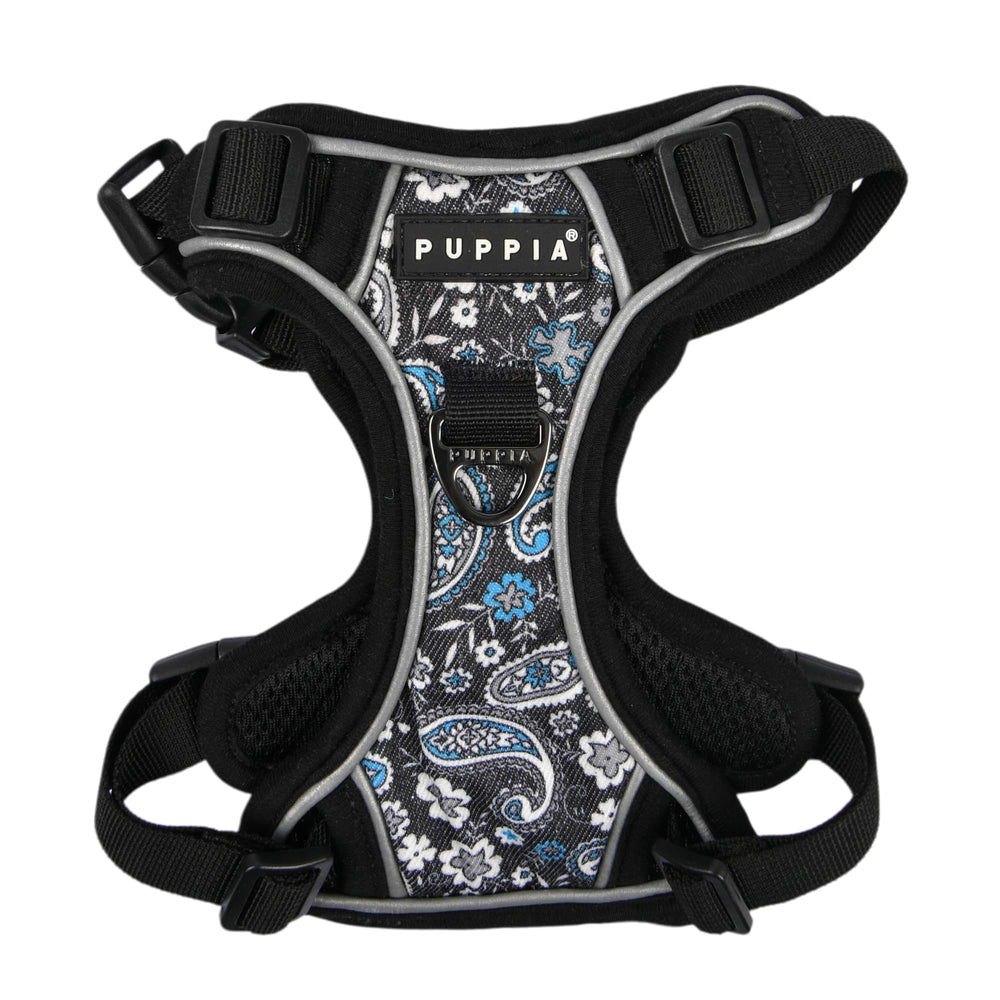 Harnais Puppia Cynthia, motif floral, vue arrière montrant les anneaux en D.