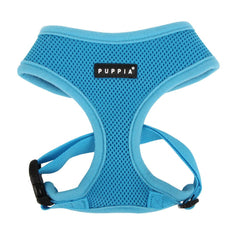 Puppia harnais doux bleu ciel, vue frontale, confort et répartition de pression sur le torse.