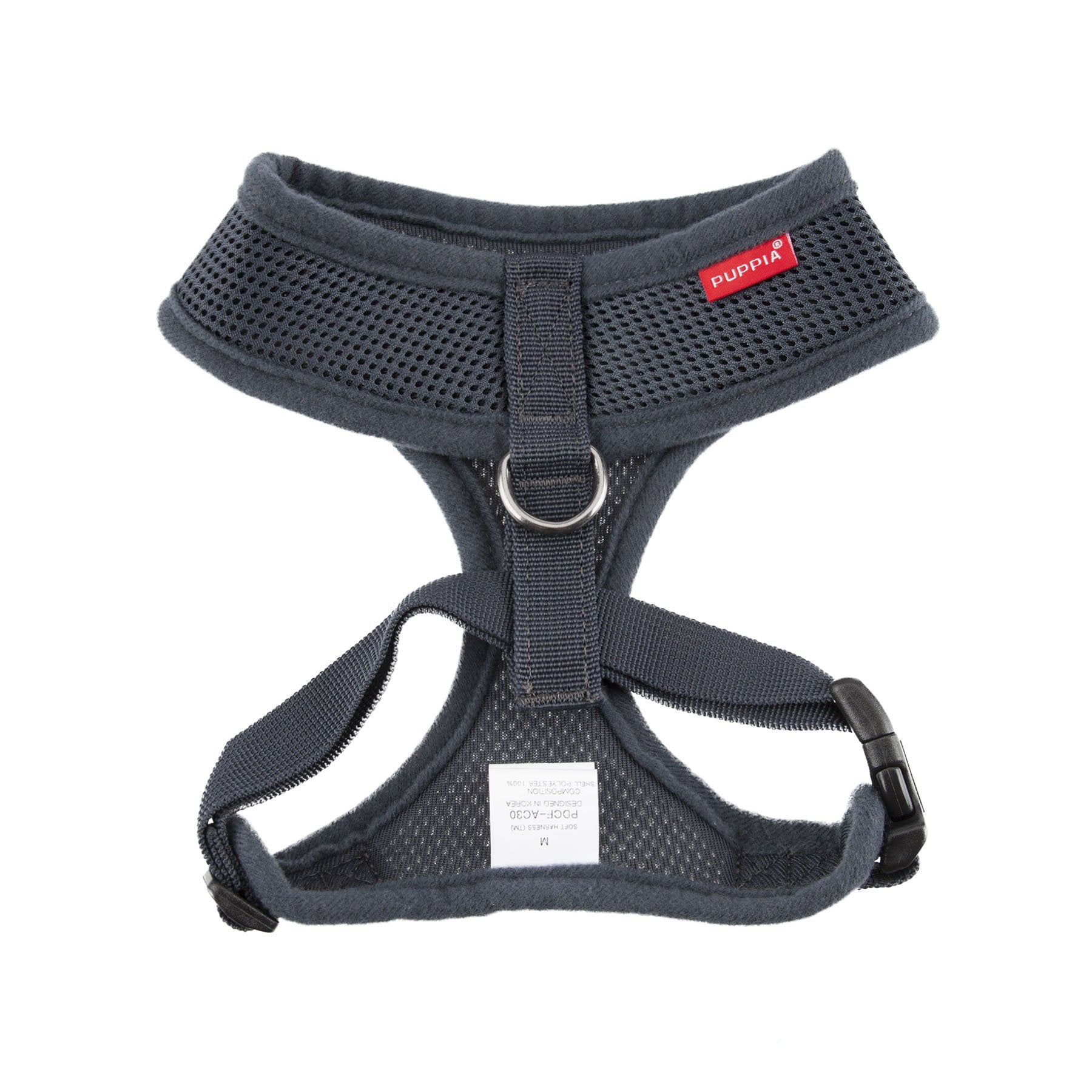 Harnais Puppia doux gris moyen vu arrière, sécurité et ajustement pour chien