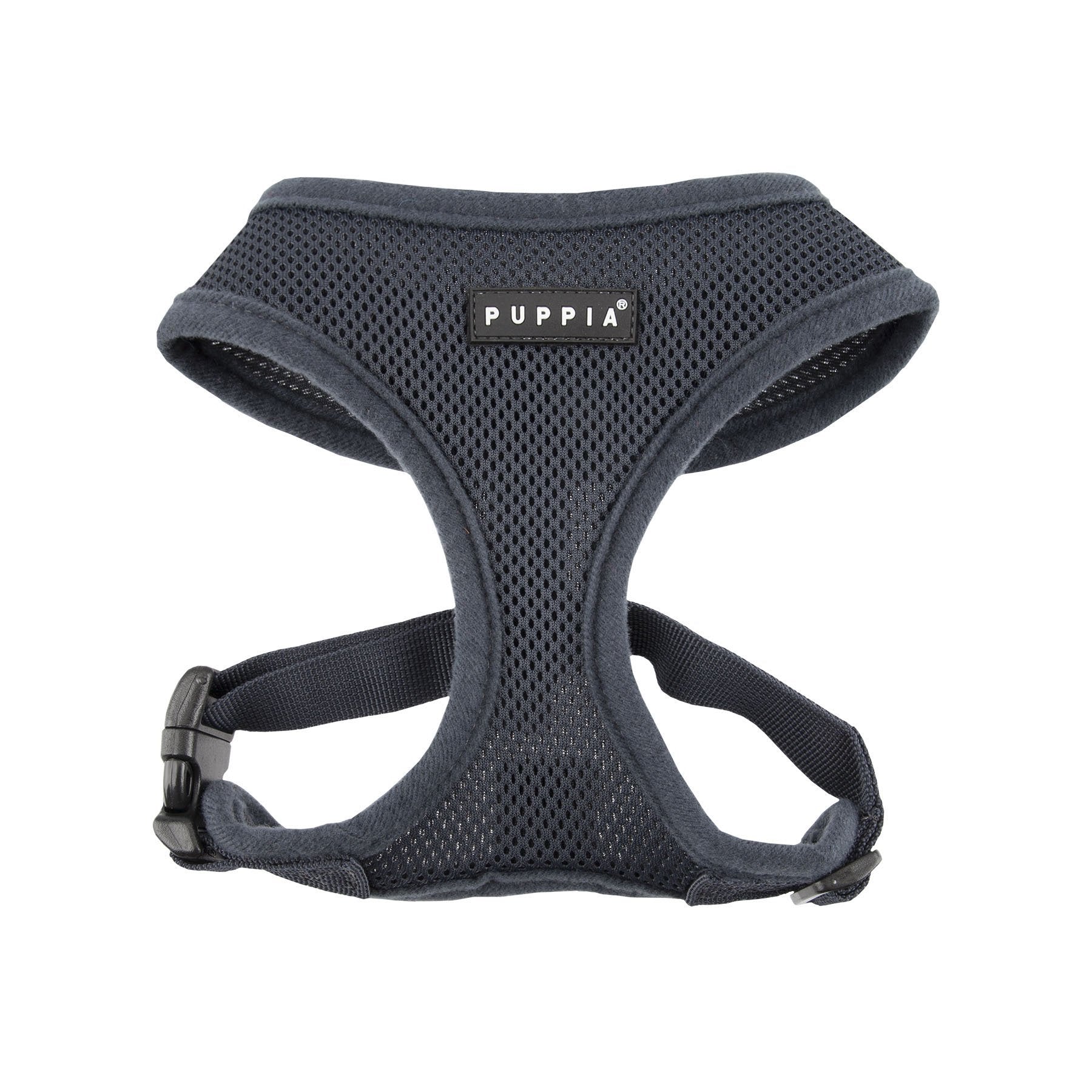Harnais Puppia doux gris moyen vu avant, confort léger pour petites balades