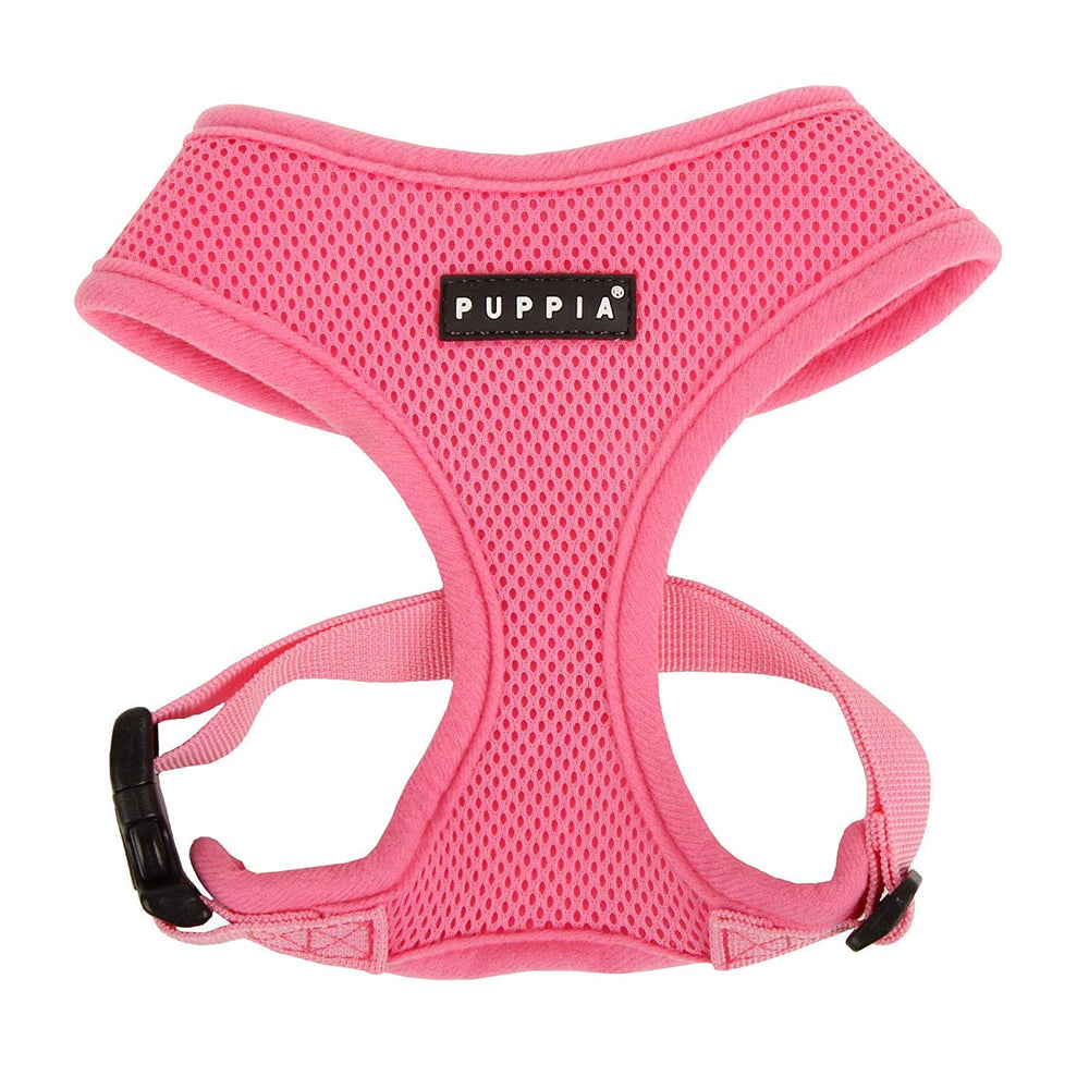 Harnais Puppia doux en mesh rose, respirant et confortable pour les balades quotidiennes.