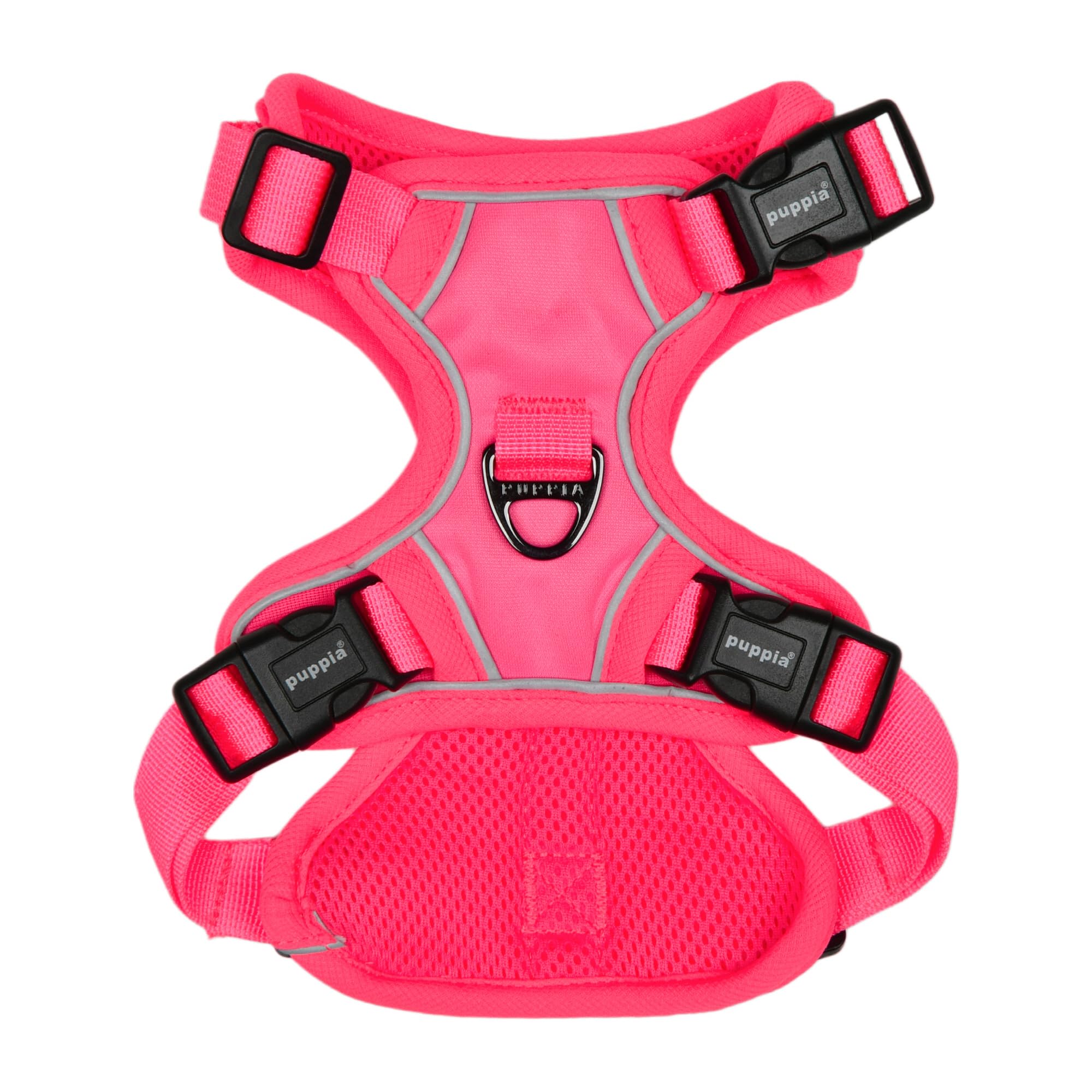 Harnais Puppia Neon rose – arrière, anneau robuste pour la laisse.
