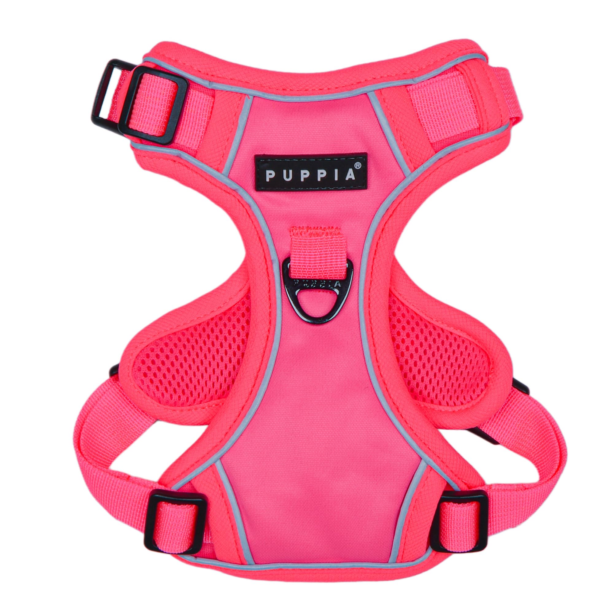Harnais Puppia Neon rose – avant, attache sécurisée pour promenade.