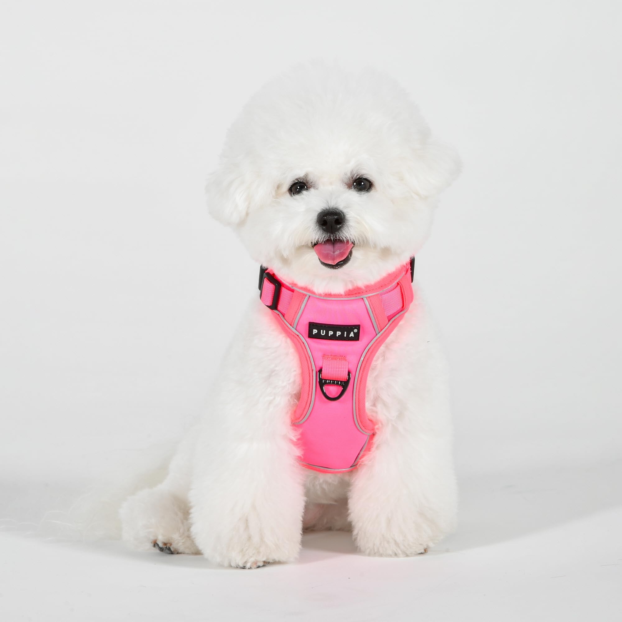 Harnais Puppia Neon rose – réfléchissant, visibilité accrue en balades nocturnes.