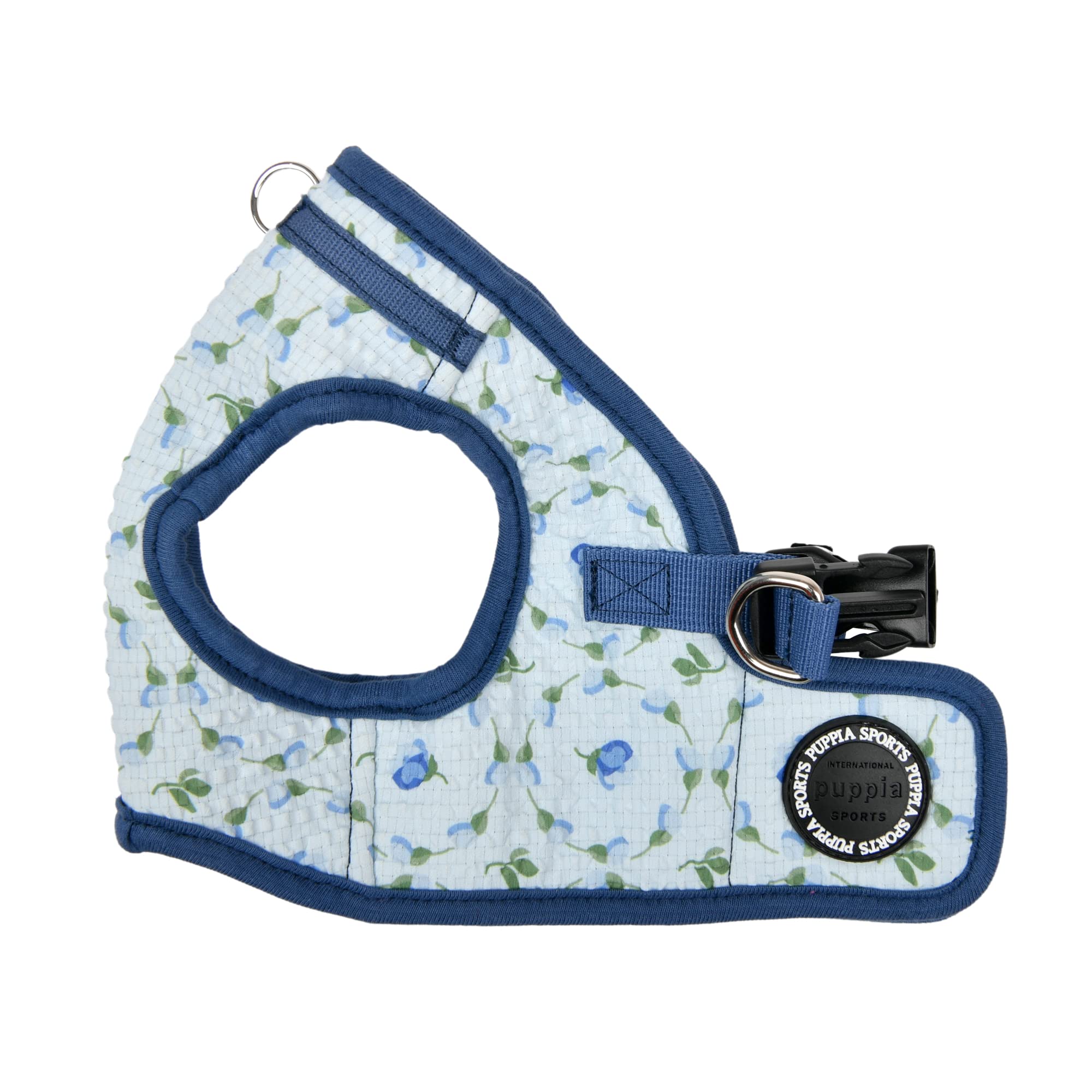 Harnais Puppia à enfiler avec motif fleur bleu, confort pour balades quotidiennes.