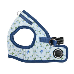 Harnais Puppia à enfiler avec motif fleur bleu, confort pour balades quotidiennes.