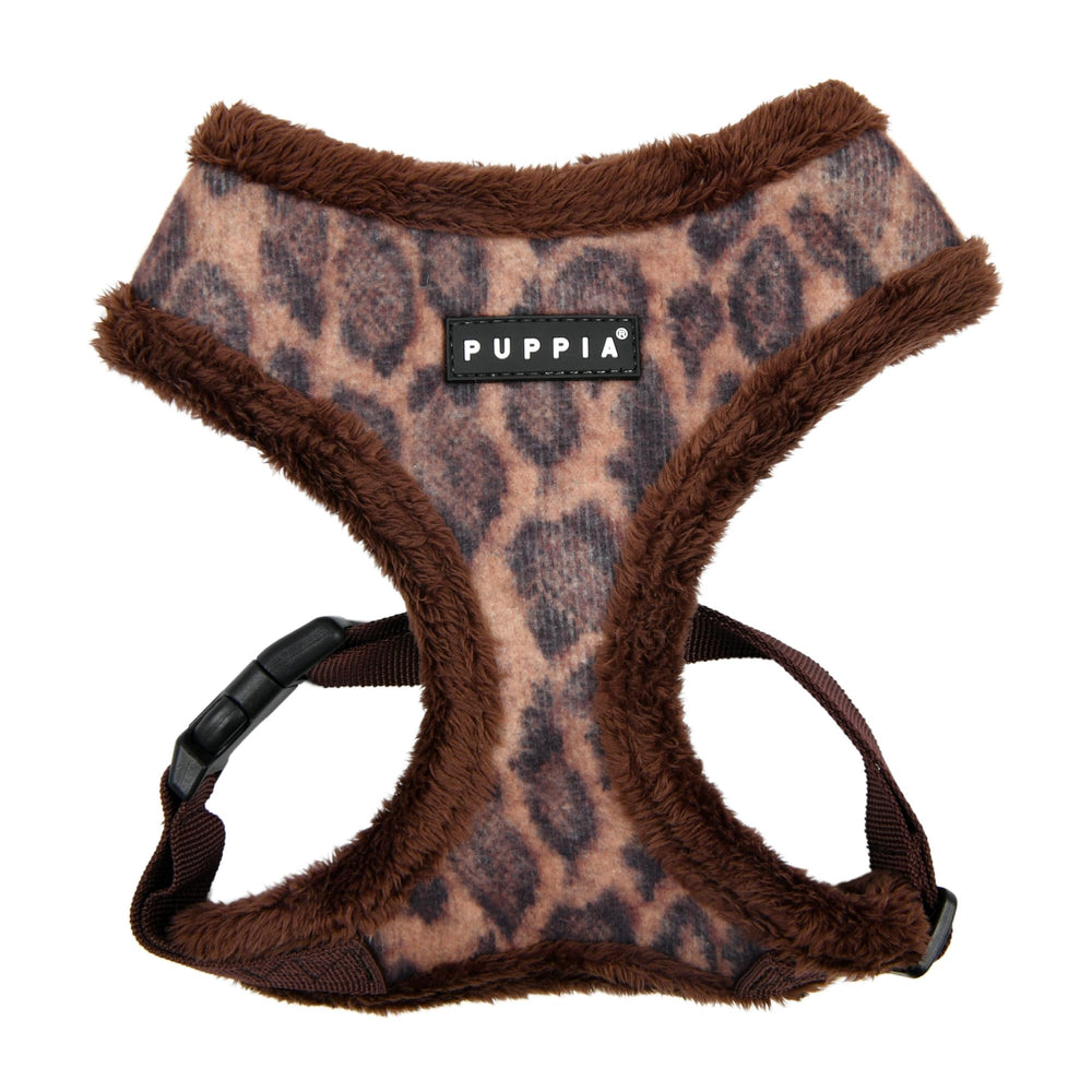 Harnais Puppia Kovo pour chien, motif leopard, vue avant et chaleur hivernale.