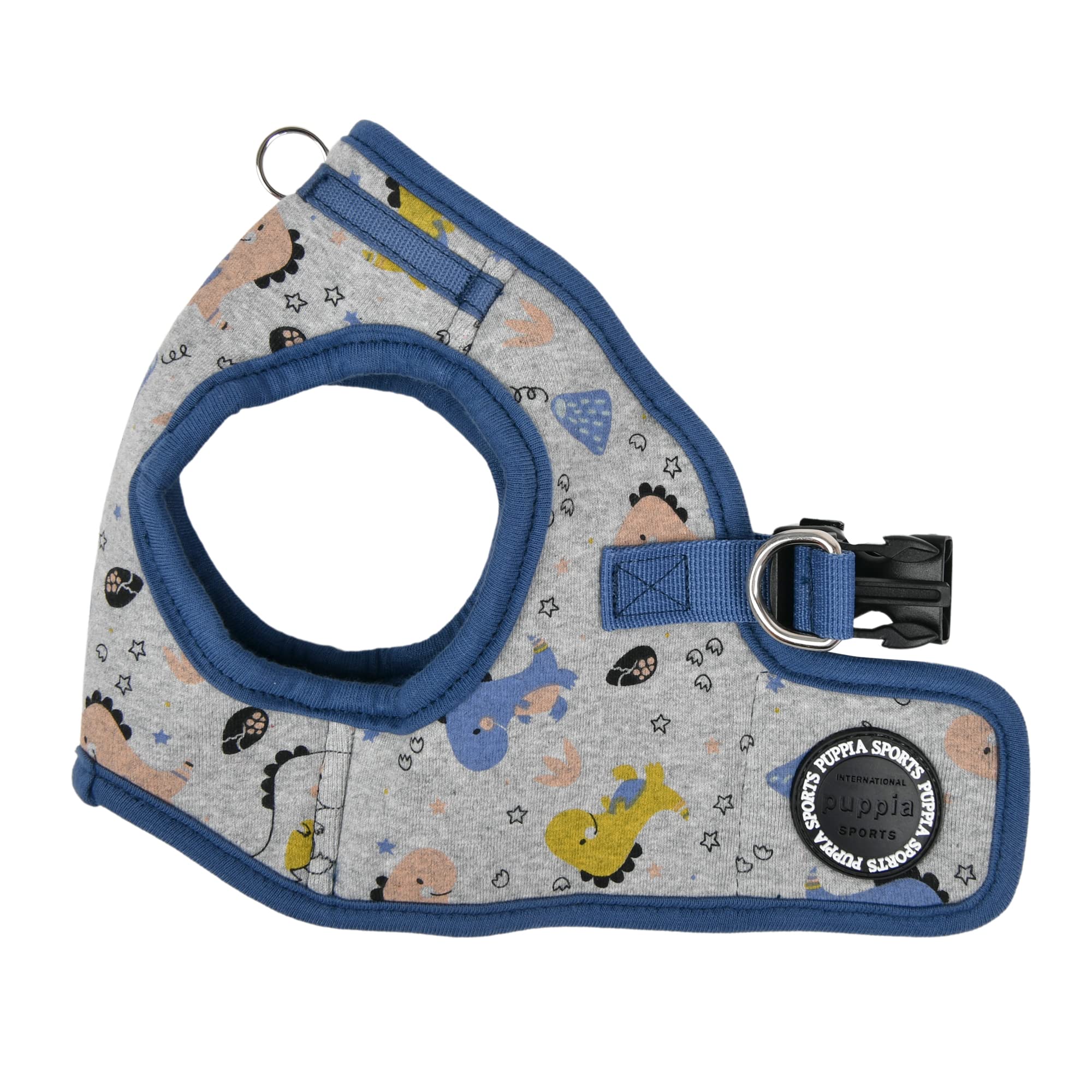Harnais Minmi Puppia bleu dinosaure, facilité d'enfilage et confort.