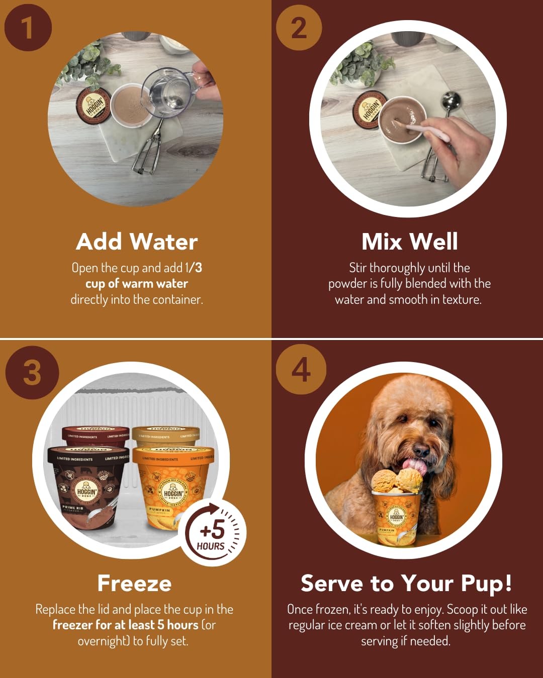 Emballage Puppy Cake Hoggin Dogs – 4 sachets de 2,32 oz, fabriqué aux États‑Unis.