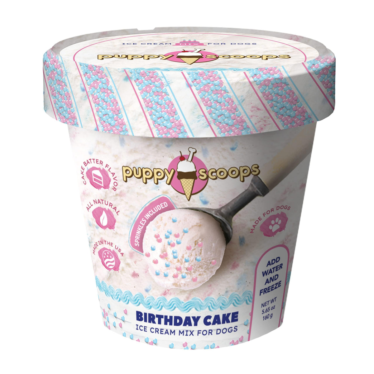 Puppy Scoops gâteau-anniversaire Pupfetti, texture festive et friandise adaptée pour chiens.