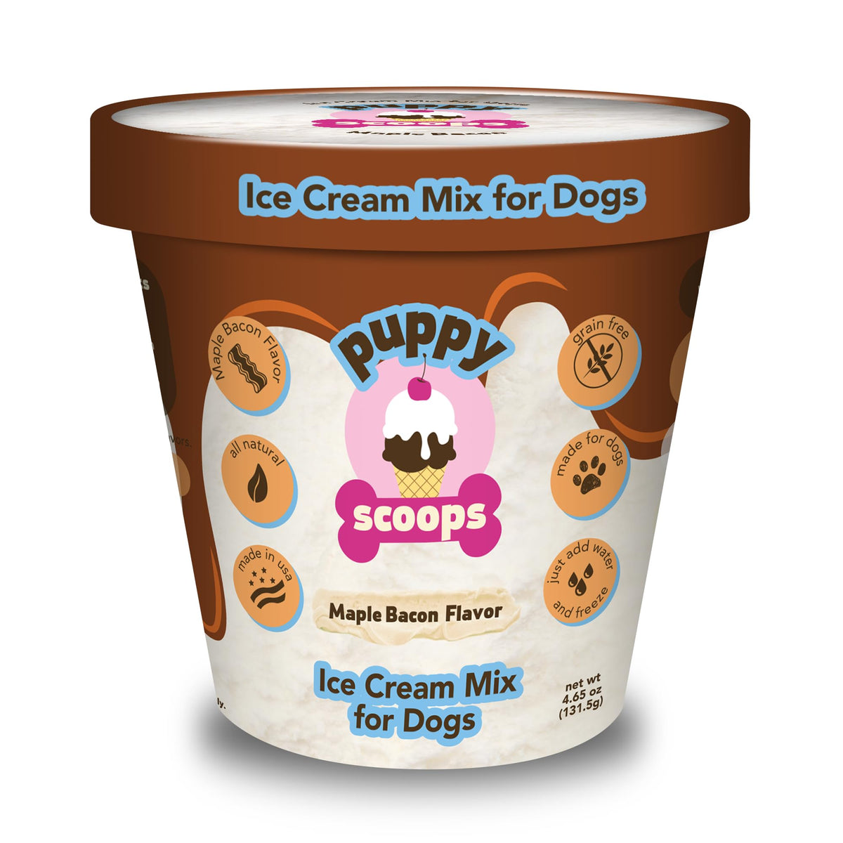 Puppy Scoops – poudre glacée Maple Bacon prête à être mélangée avec de l’eau pour chien.