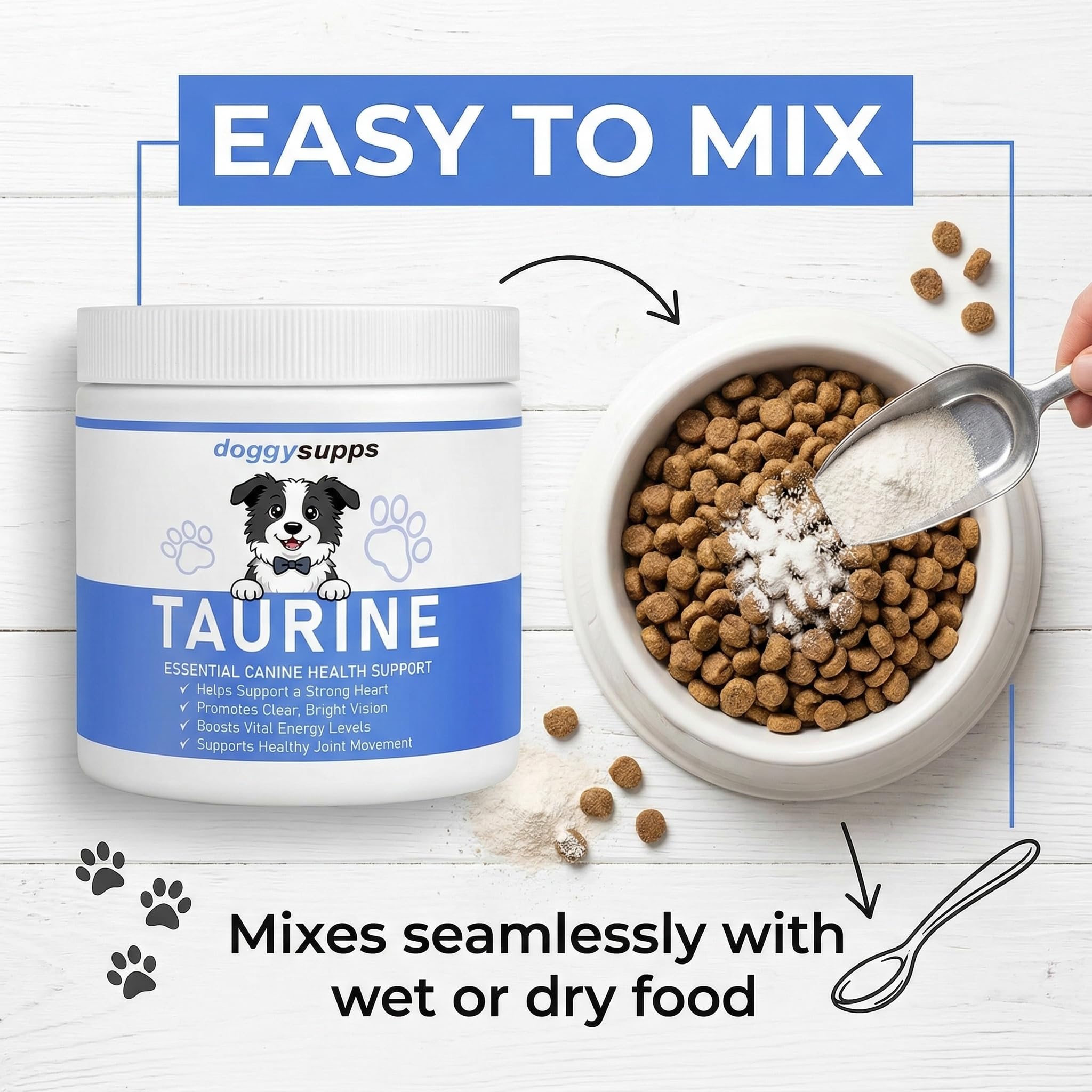 PuppyLabCo Taurine Powder ajoutée dans l’assiette du chien pour nutrition quotidienne.